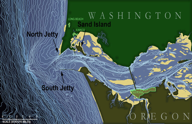 A map of the Columbia River Bar in Oregon, the most dangerous bar passage in the world