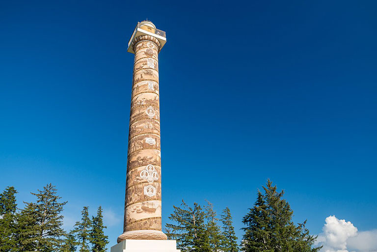The Astoria Column monument on Coxcomb Hill in Astoria, Oregon