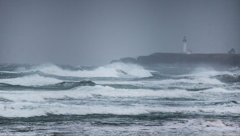 Yaquina Head Lighthouse during a winter storm at the Oregon Coast