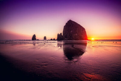 Cannon Beach, Haystack Rock at sunset, Oregon Coast