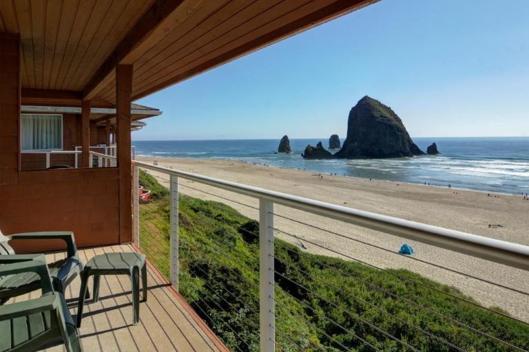 The view of Haystack Rock from Hallmark Resort in Cannon Beach, Oregon, USA