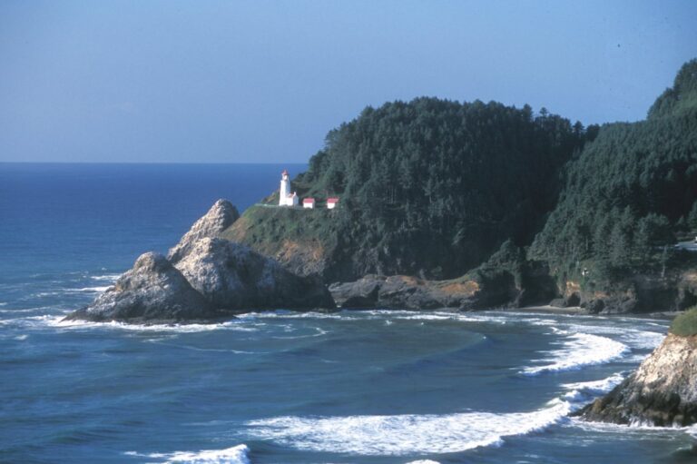 The Heceta Head Lighthouse and state scenic viewpoint on the Oregon Coast near Florence, Oregon