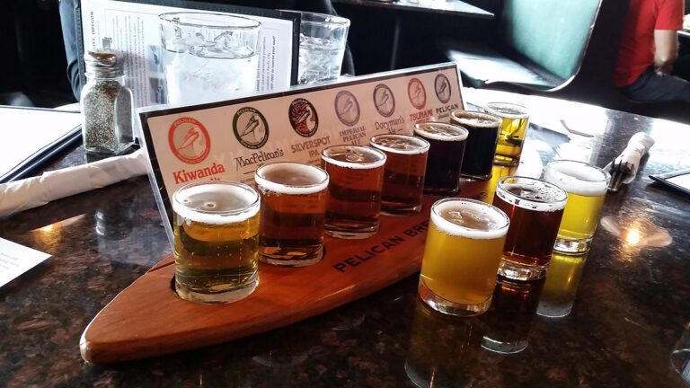 A beer flight sample tray from Pelican Brewing Company in Pacific City at the Oregon Coast