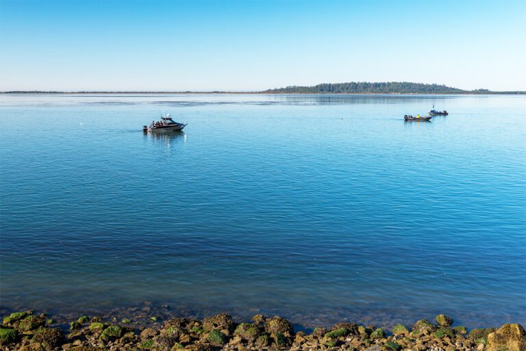 A fishing boat in the calm waters of Tillamook Bay at the Oregon Coast