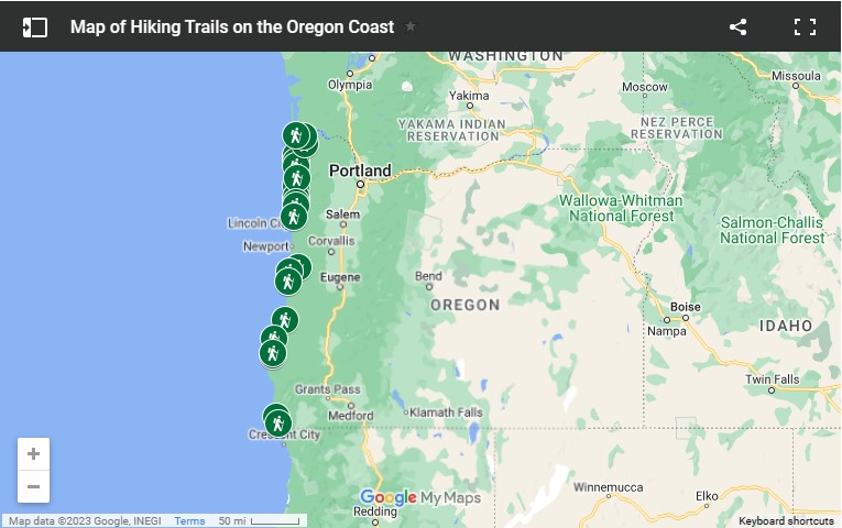 Oregon Coast Hiking Trails Map of trailhead locations