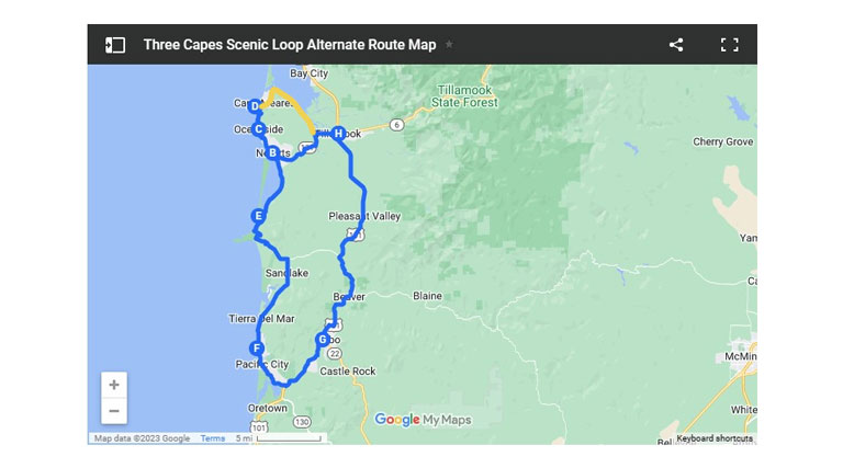 A map showing the newly reopened Three Capes Scenic Loop road on the Oregon Coast from Tillamook to Cape Meares