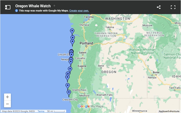Oregon Coast whale watching map showing the best spots for spotting whales