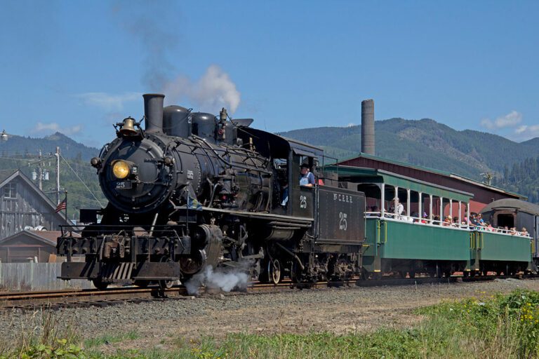 A steam train takes visitors for a ride on the Oregon Coast Scenic Railroad