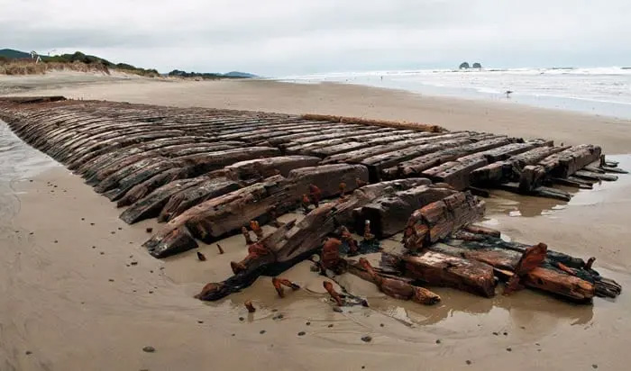 The remnants of the Emily Reed shipwreck on the beach in Rockaway on the Oregon Coast