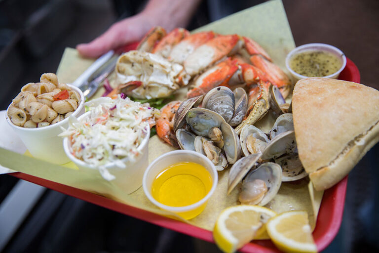 A tray of mixed seafood from Tony's Crab Shack in Bandon, Oregon