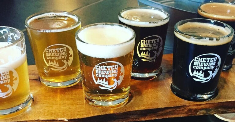 A flight of craft beer samples from Chetco Brewing Company in Brookings, Oregon