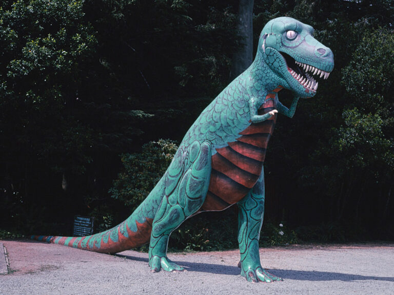 A T. Rex dinosaur sculpture at the Prehistoric Gardens near Port Orford, Oregon