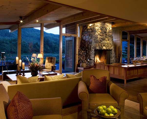 The cozy fireplace at Tu Tu Tun Lodge resort hotel near Gold Beach, Oregon
