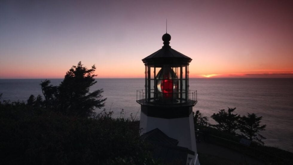 Cape Meares Lighthouse at sunset near Oceanside on the Oregon Coast west of Tillamook