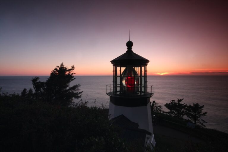 Cape Meares Lighthouse at sunset near Oceanside on the Oregon Coast west of Tillamook