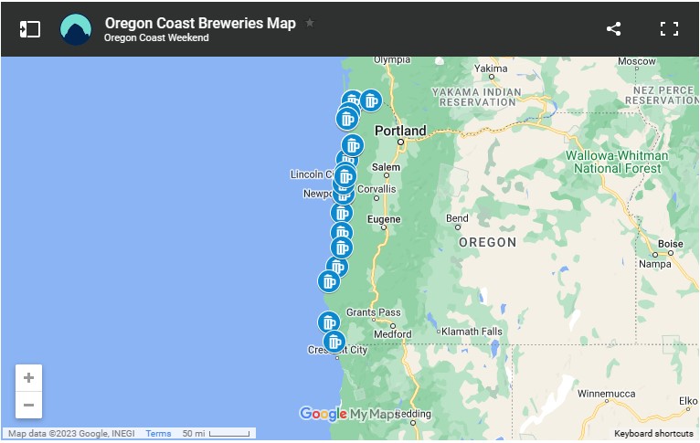 A beer map showing all of the breweries on the Oregon Coast