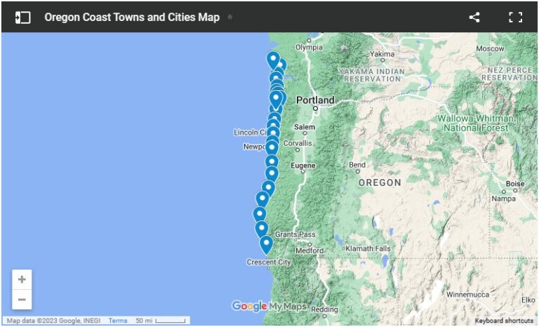 A google map of Oregon Coast towns and cities