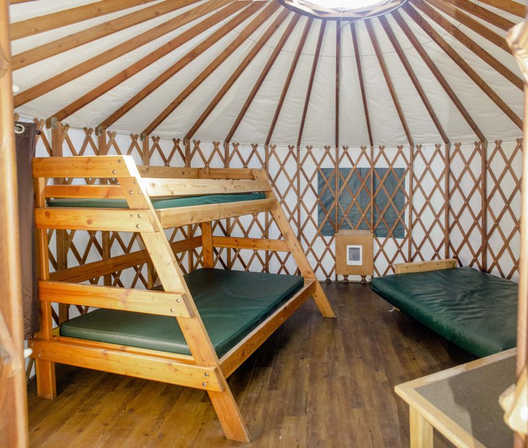 The interior of a yurt at Fort Stevens State Park on the Oregon Coast near Astoria