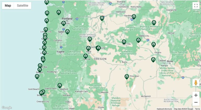 A map of Oregon State Parks with cabins and yurt rentals