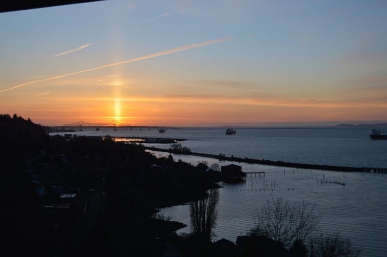 Sunset view of the Columbia River and Astoria-Megler bridge from the Astoria Crest Motel