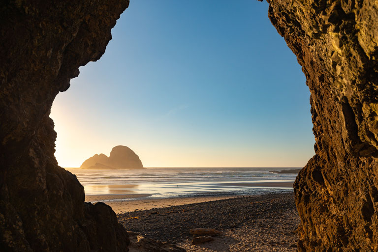 Tunnel beach in Oceanside, Oregon looking through the opening