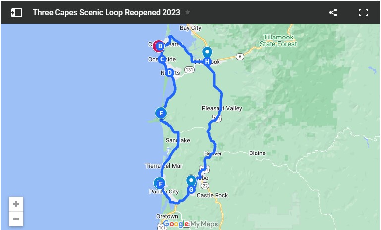 Map of the newly reopened Three Capes Scenic Loop on the Oregon Coast