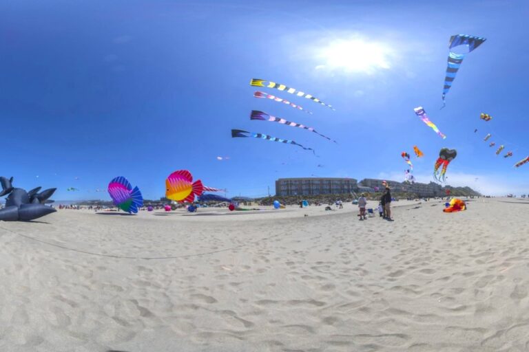 Colorful kites flying on the beach for the annual summer kite festival in Lincoln City Oregon