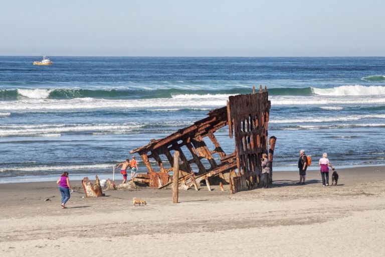 The beach at Fort Stevens State Park near Astoria showing the shipwreck of the Peter Iredale