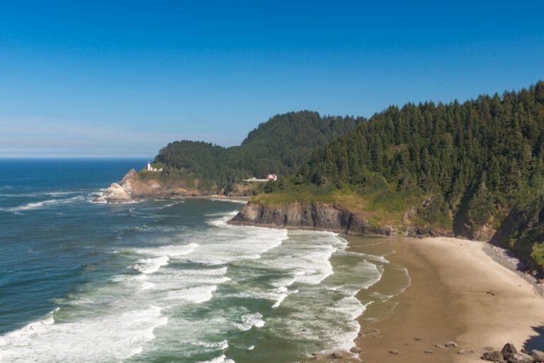 Heceta Head Lighthouse and beach cove near Florence, Oregon is one of the best places to see on the central Oregon Coast