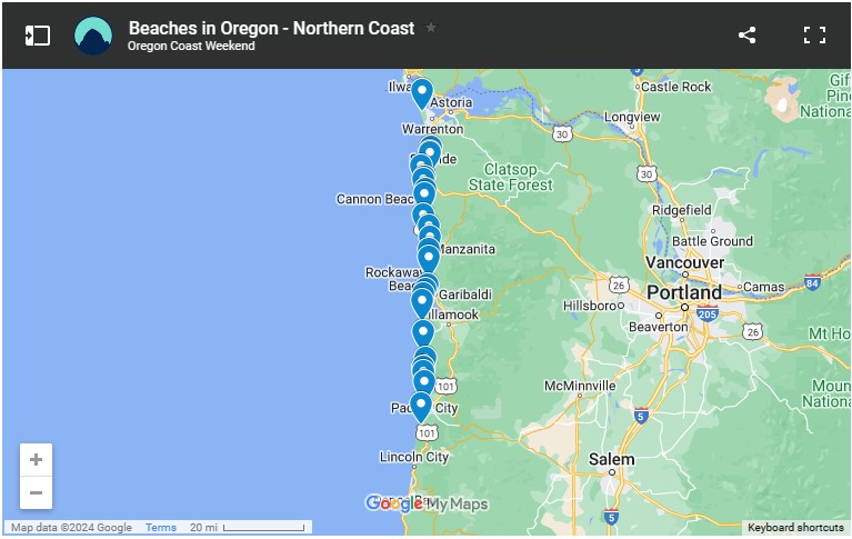 A map of beaches on the northern Oregon Coast