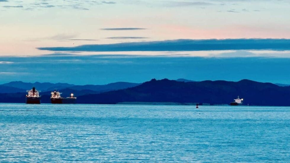 View of the Columbia River from riverfront hotels in Astoria, Oregon