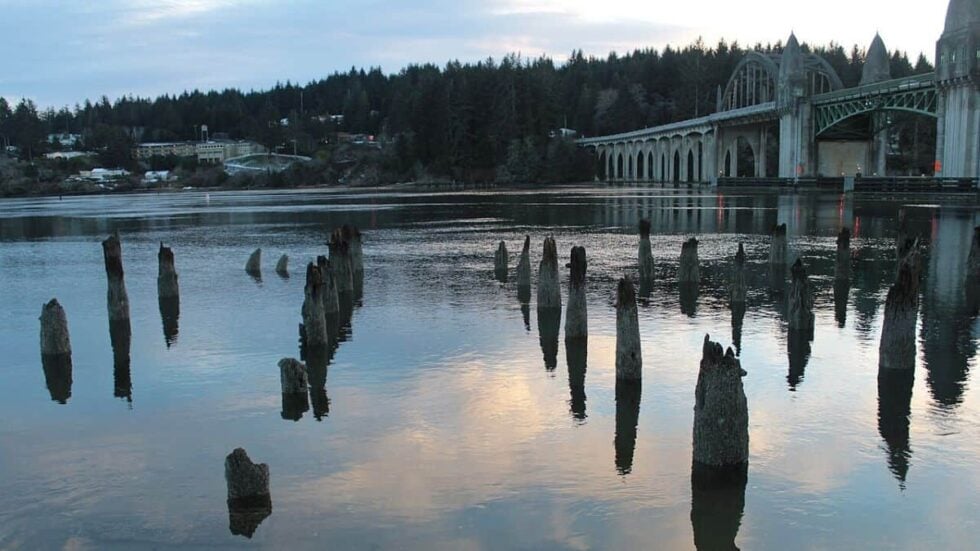 Siuslaw River and bridge in Florence, Oregon on the central Oregon Coast